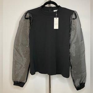Pieces high neck top with sheer volume sleeves